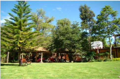ein Haus in einem Hof mit Bäumen und einem Grasfeld in der Unterkunft Hosteria Campestre San Fermin in Ráquira