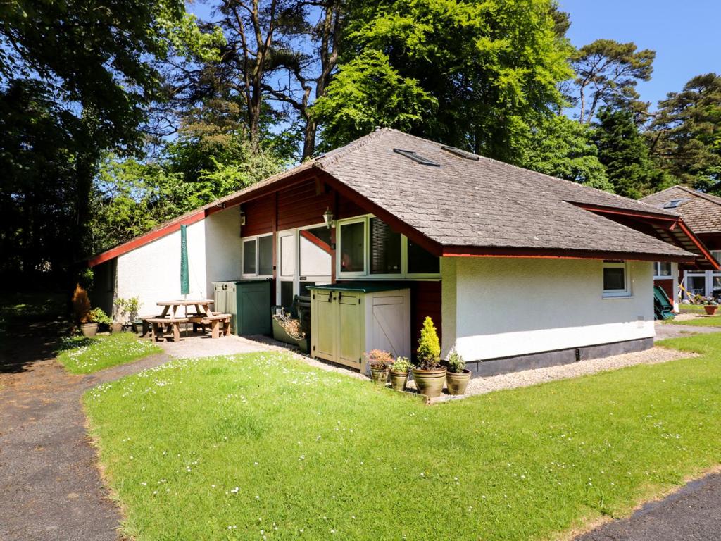 una pequeña casa blanca con una mesa de picnic en un patio en Trelessy Lodge, en Amroth