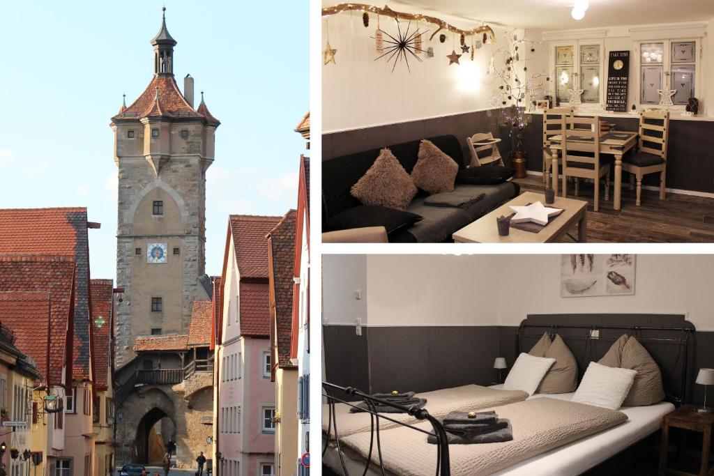 eine Collage mit Fotos von einem Wohnzimmer und einem Gebäude mit einem Turm in der Unterkunft Ferienwohnung Muss - Rothenburg in Rothenburg ob der Tauber