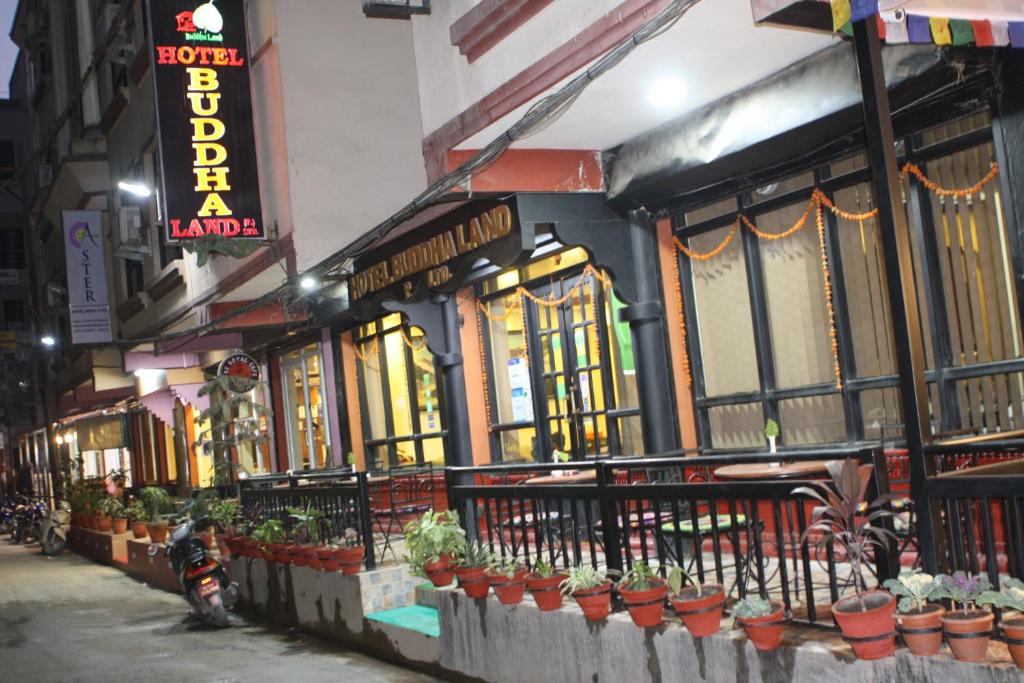 a building with potted plants on the side of a street at Hotel Buddha Land in Kathmandu