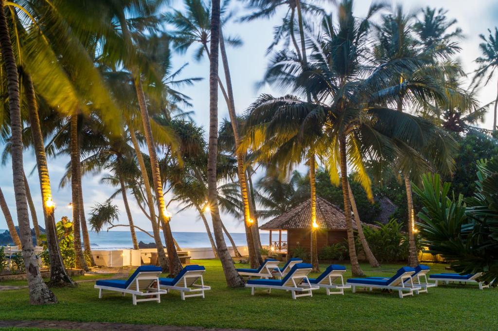 een groep stoelen en palmbomen op het strand bij Rockside Cabanas Hotel in Unawatuna