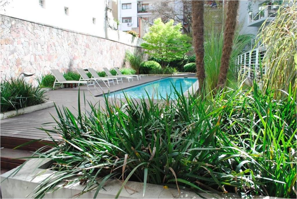 una piscina en un jardín con sillas y plantas en My Place apartamentos - BELGRANO en Buenos Aires