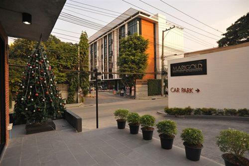 a christmas tree and potted plants in front of a building at Marigold Ramkhamhaeng in Bangkok