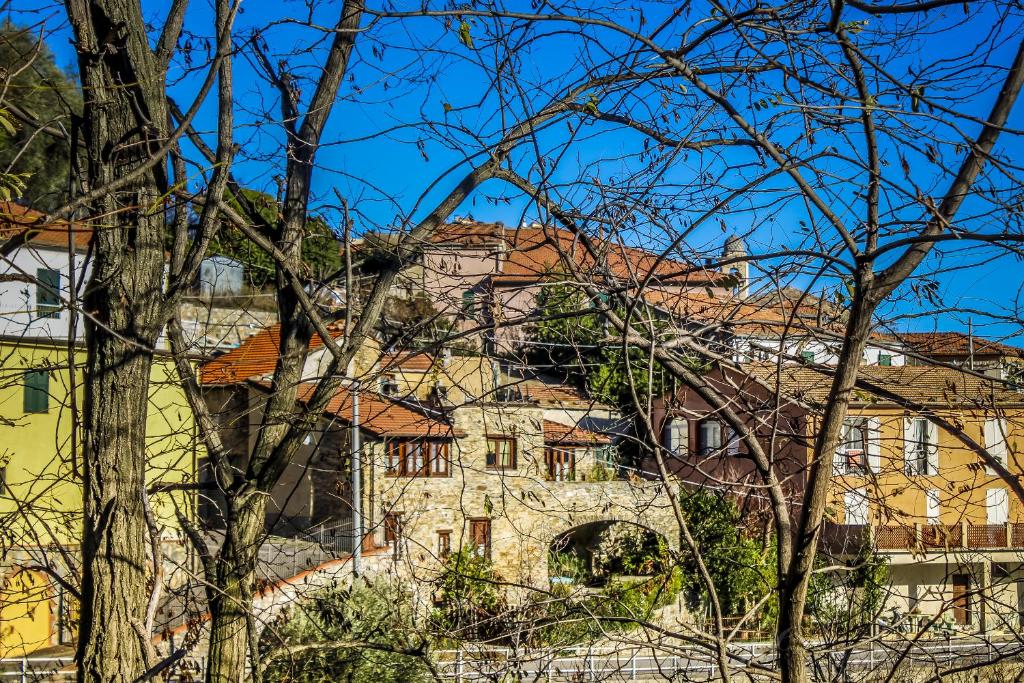a group of houses with red roofs behind trees at Bed & Breakfast Ca' di Vissai in Arnasco