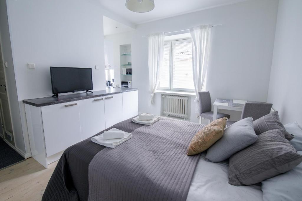 ヘルシンキにある2ndhomes Lönnrotinkatu Apartmentのベッドルーム1室(大型ベッド1台、薄型テレビ付)