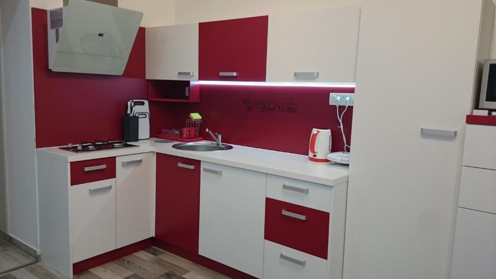 a kitchen with red and white cabinets and a sink at Apartment D&B in Ljubljana