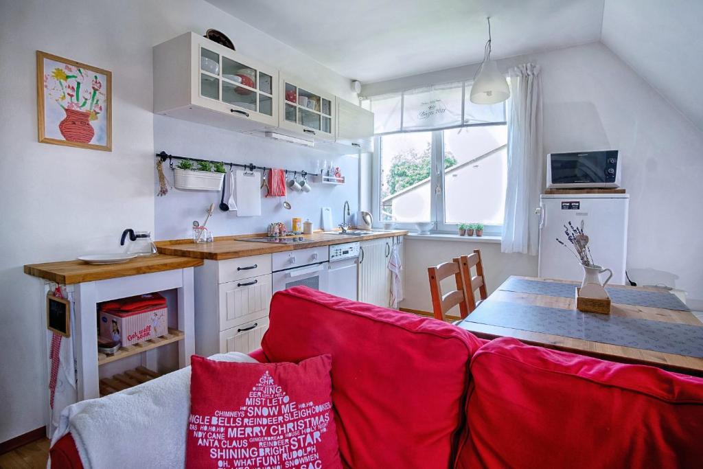 kuchnia ze stołem i czerwoną kanapą w pokoju w obiekcie Apartmán Deštná čp.1 w mieście Deštné v Orlických horách