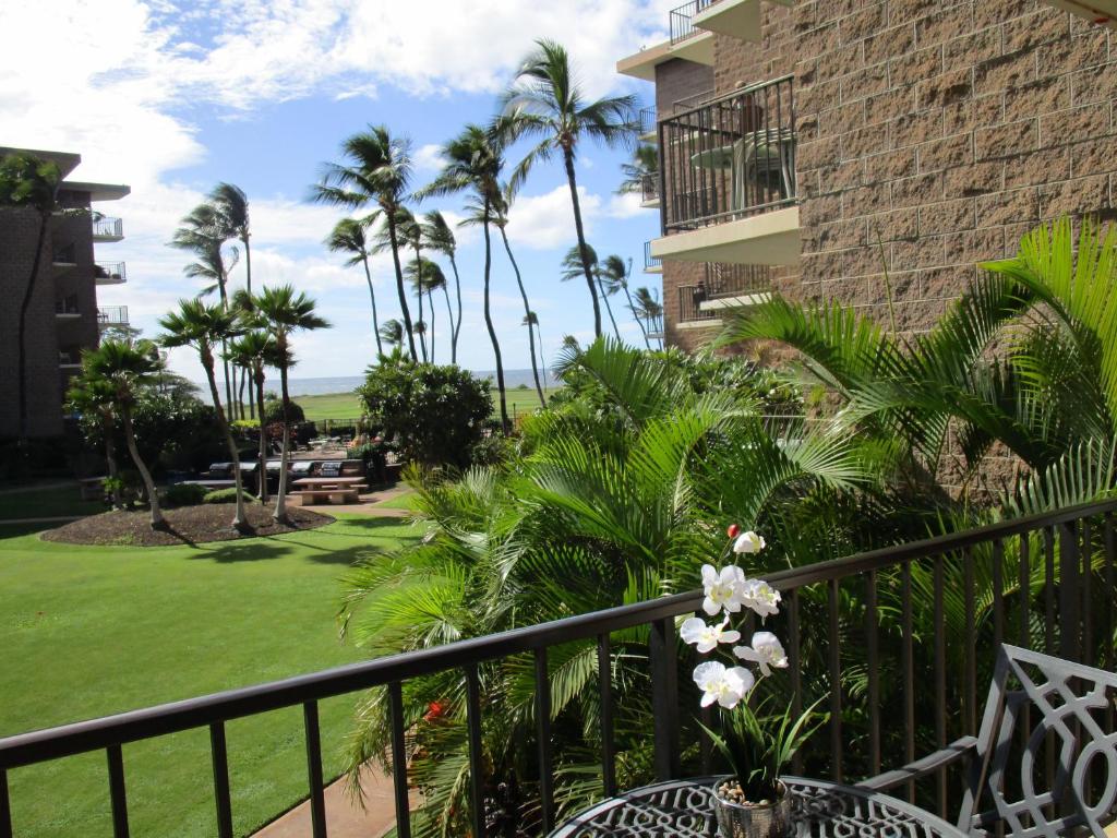 un balcón del complejo con palmeras y césped en Kauhale Makai Condo on the Beach en Kihei