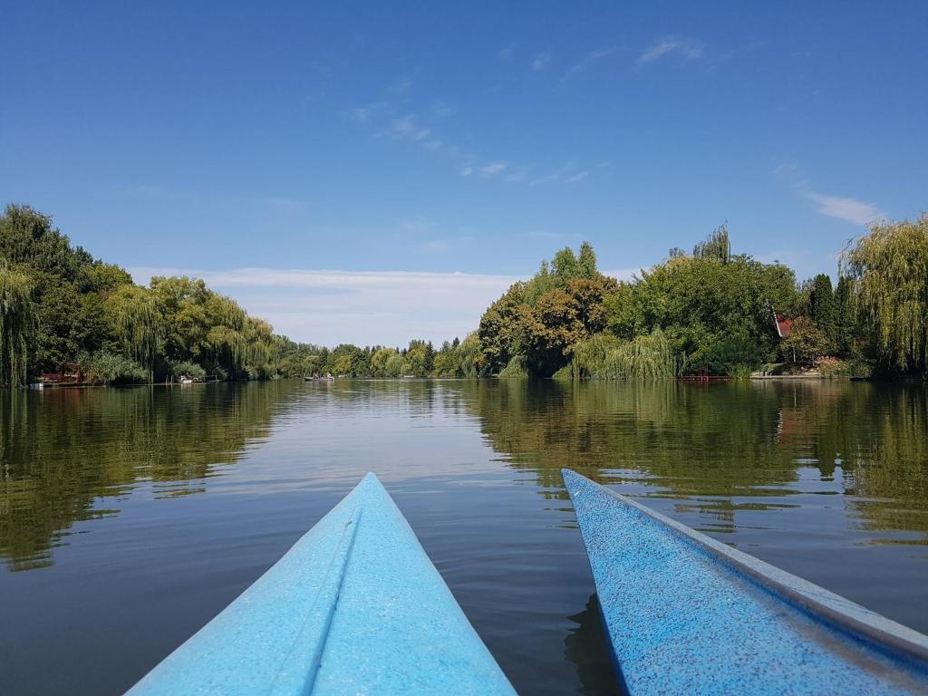 a view from the front of a boat on a river at Kemencés Házikó in Szarvas