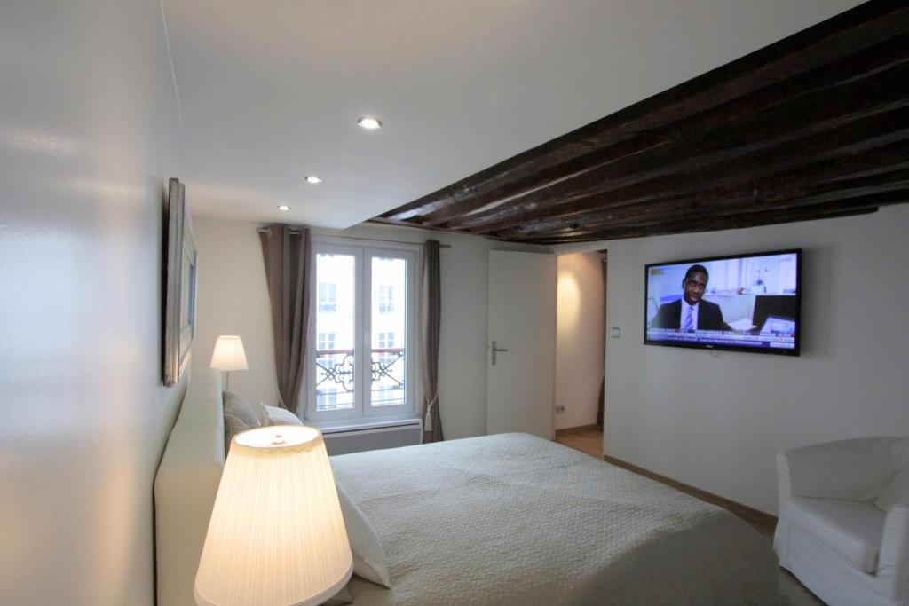 パリにあるSuperbe Appartementのベッドルーム1室(ベッド1台、壁掛けテレビ付)