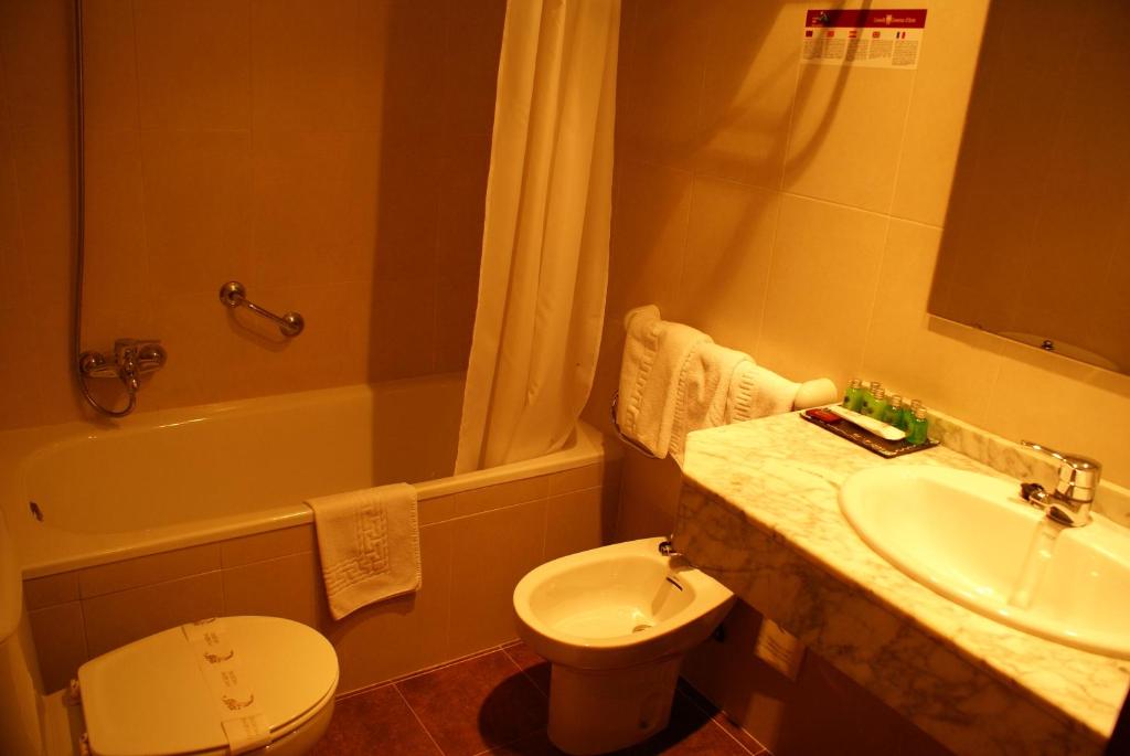 a bathroom with a sink and a toilet and a tub at Hotel Edelweiss in Arties