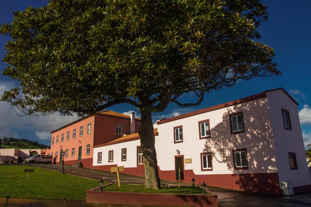 uma árvore em frente a um edifício com uma árvore em Quinta Do Norte em Capelas