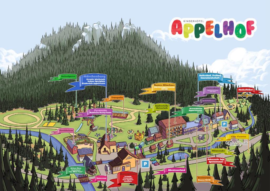 eine Illustration eines Vergnügungsparks in den Bergen in der Unterkunft Kinderhotel Appelhof in Mürzsteg