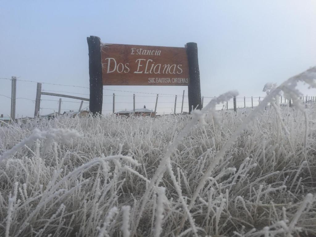 a sign in the middle of a field of grass at Estancia Dos Elianas in Cerro Castillo
