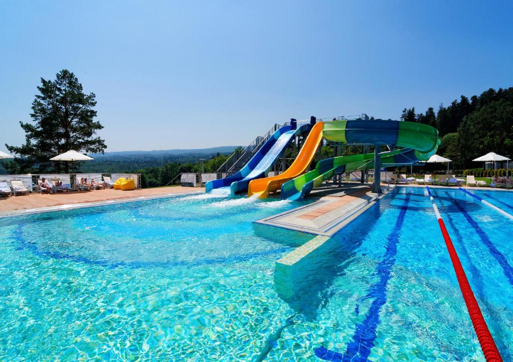 a swimming pool with a slide in the water at Rixos-Prykarpattya Resort in Truskavets