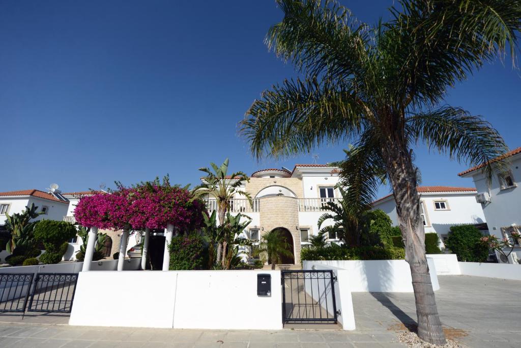 a palm tree in front of a white fence at Karythia in Pyla