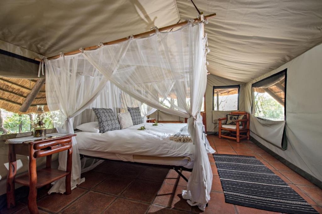 1 dormitorio con cama con dosel en una tienda de campaña en Pungwe Safari Camp, en Manyeleti Game Reserve
