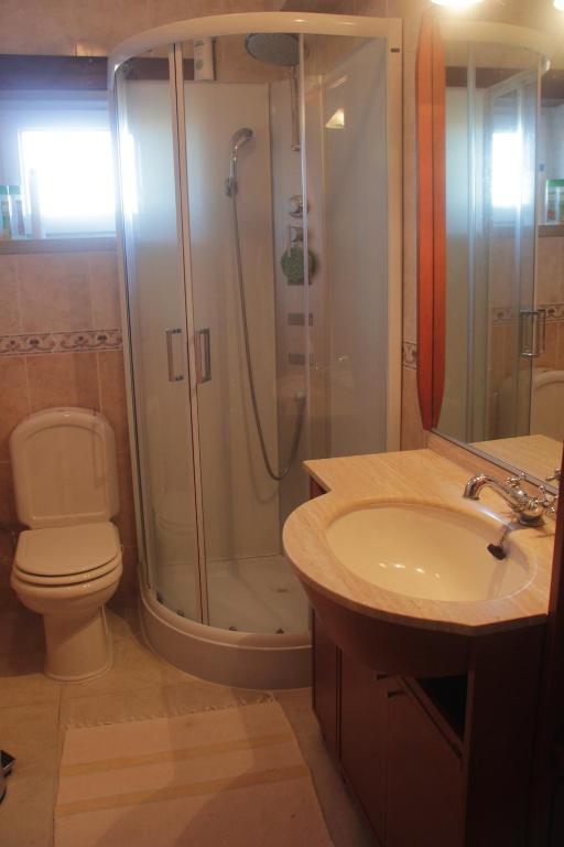 uma casa de banho com um chuveiro, um WC e um lavatrio. em Quartos em vivenda serra da Estrela em Celorico da Beira