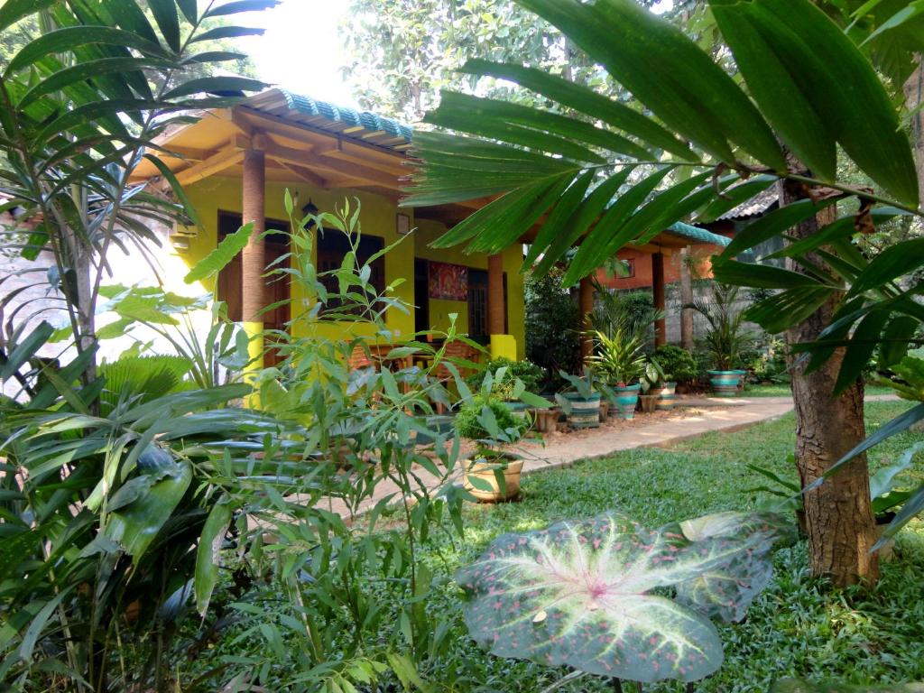Uma casa amarela com um monte de plantas à frente. em Sigiri Neo Homestay em Sigiriya