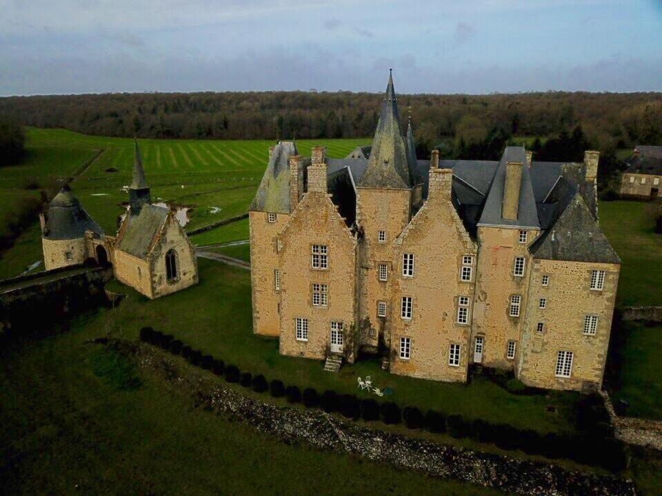 an aerial view of an old castle in a field at Chateau de Bourgon in Montourtier