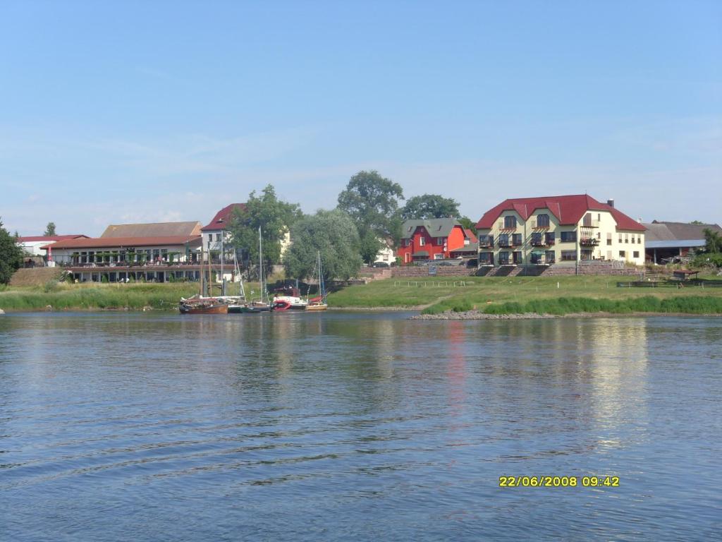 a group of houses on the banks of a river at Elbterrassen zu Brambach in Dessau