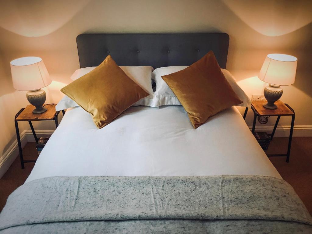 een slaapkamer met een groot bed met 2 lampen bij Flat 4, York Terrace in Norwich