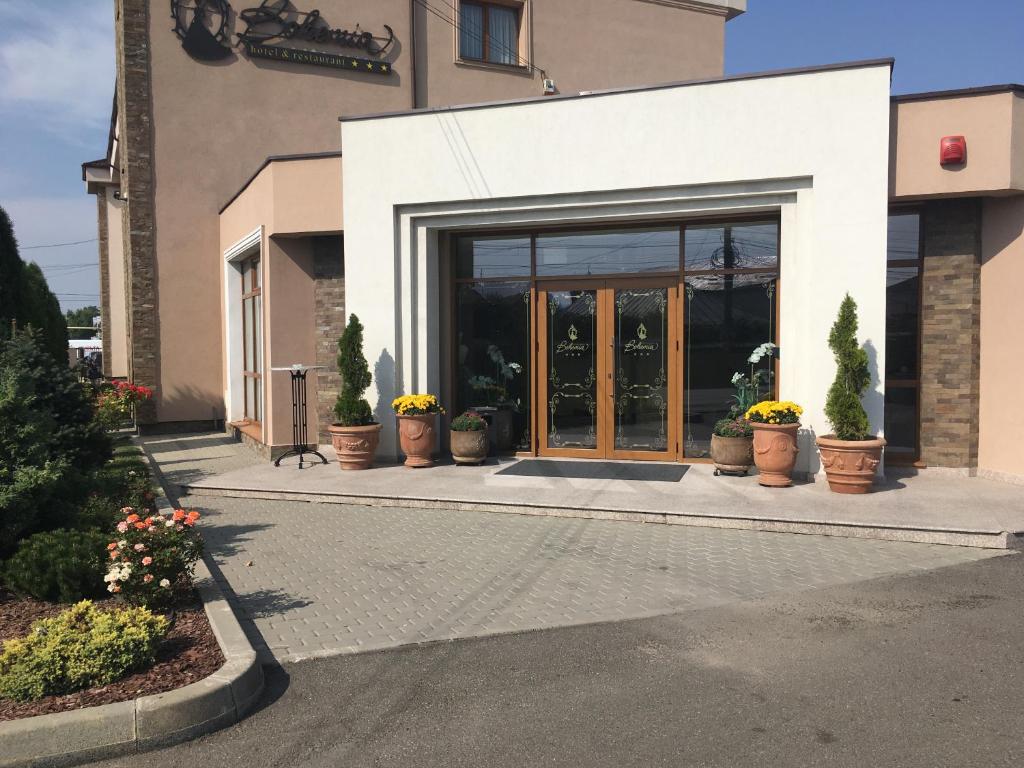 a building with potted plants in front of a door at Hotel Bohemia in Bacău