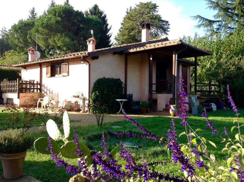 una piccola casa con fiori viola nel cortile di Olive Tree Hill a Zagarolo