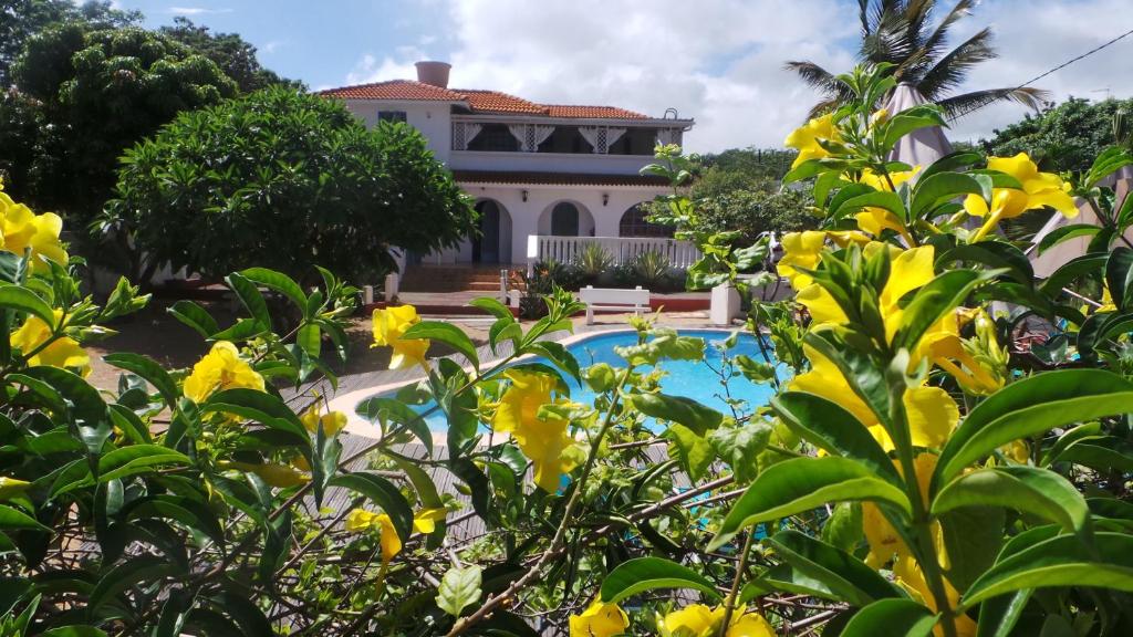 a house with a swimming pool and yellow flowers at Shanti Villa in Flic-en-Flac