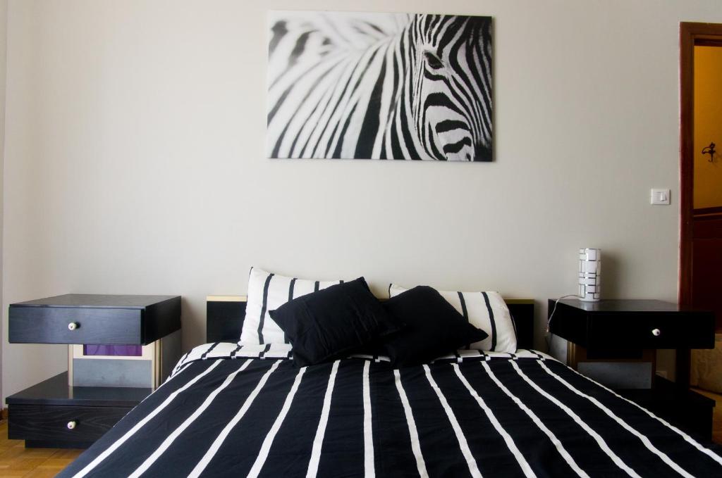 博爾迪蓋拉的住宿－Appartamento Corso Italia "Natura"，卧室配有一张墙上斑马图床