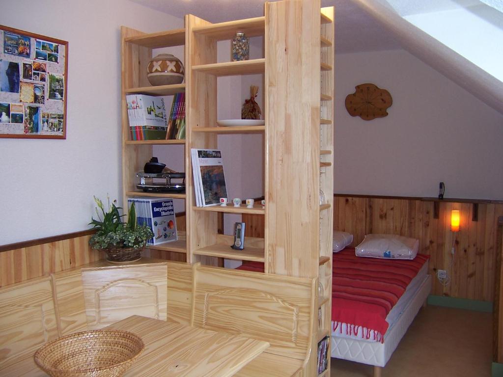 薩蘭萊班的住宿－La maison de poupet，一间书架的房间,里面放着一张床