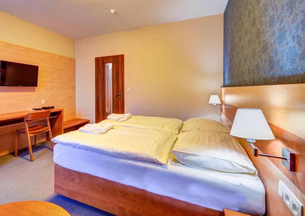 a hotel room with a bed and a desk at Hotel Toč in Lipova Lazne