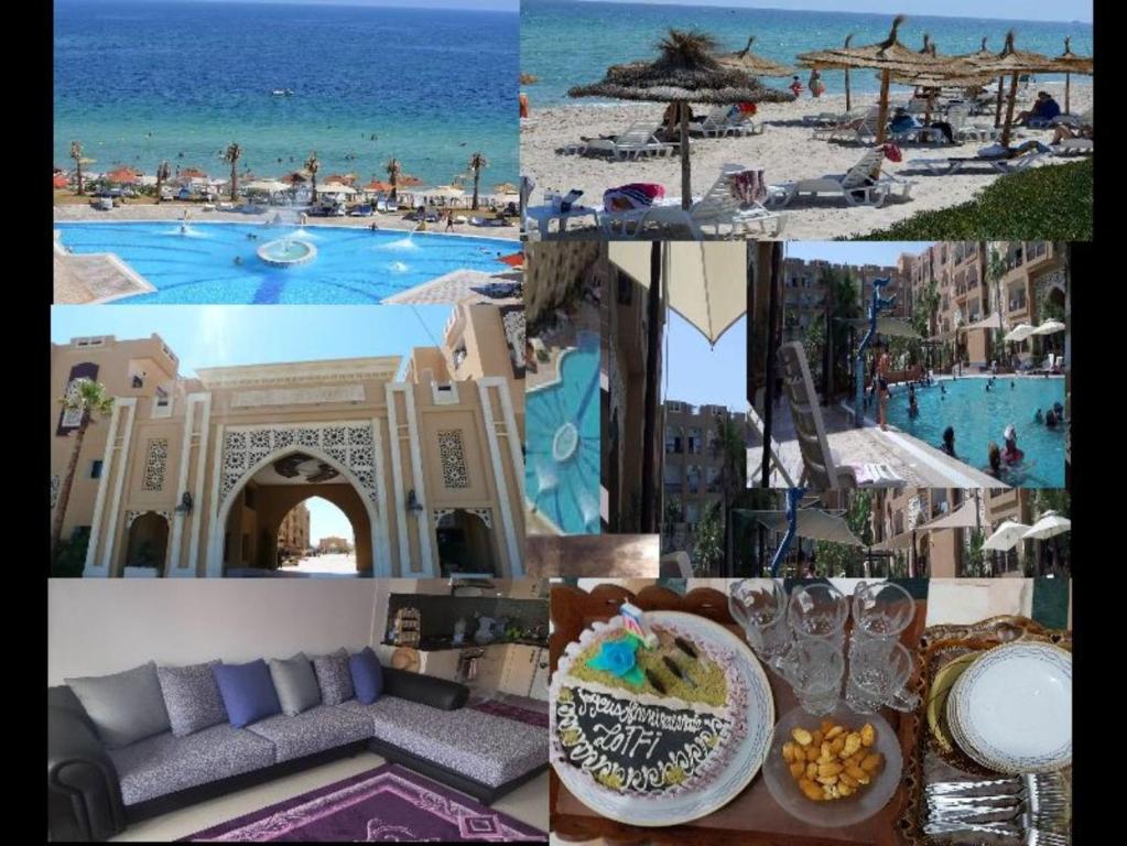 eine Collage mit Fotos eines Resorts mit Pool in der Unterkunft Folla Residence Apartments in El Ahmar
