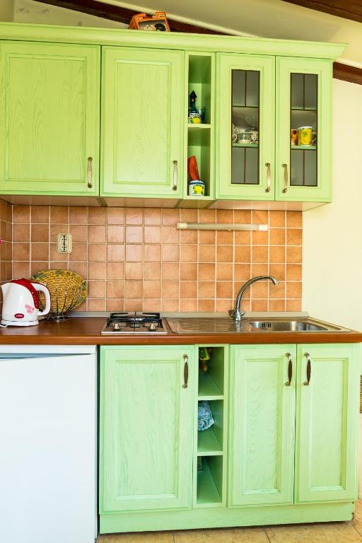a kitchen with green cabinets and a sink at Stipica Apartment in Lumbarda