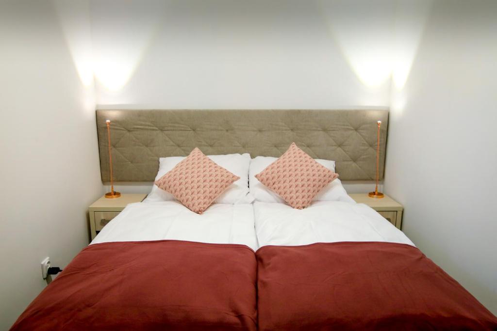 シュチェチンにあるApartament Esjaのベッドルーム1室(大型ベッド1台、枕2つ付)