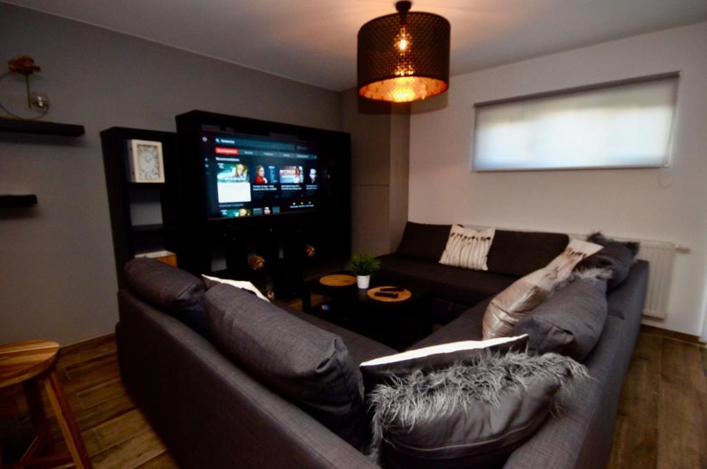 TV a/nebo společenská místnost v ubytování Le Duplex de la Raveline 48A