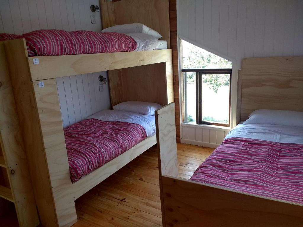 two bunk beds in a room with a window at Quilda Hostel in Hornopiren