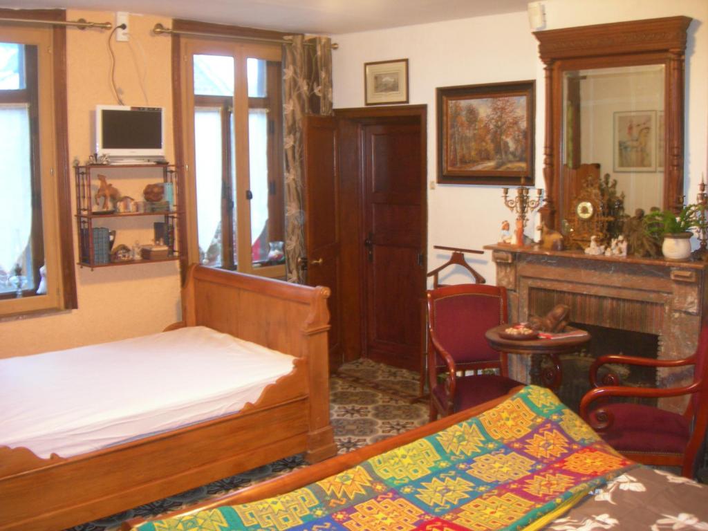 a bedroom with a bed and a fireplace at La Fermette de la Vache Rousse in Rosult