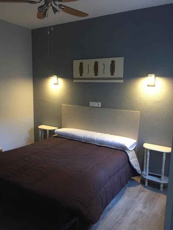 1 dormitorio con 1 cama con 2 mesas y ventilador de techo en Hostal Rosales en Aranda de Duero