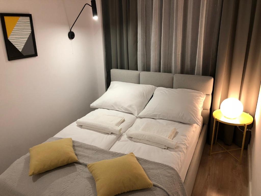 クリニツァ・ズドルイにあるApartament Comfort Zoneのベッド(白い枕、ランプ付)