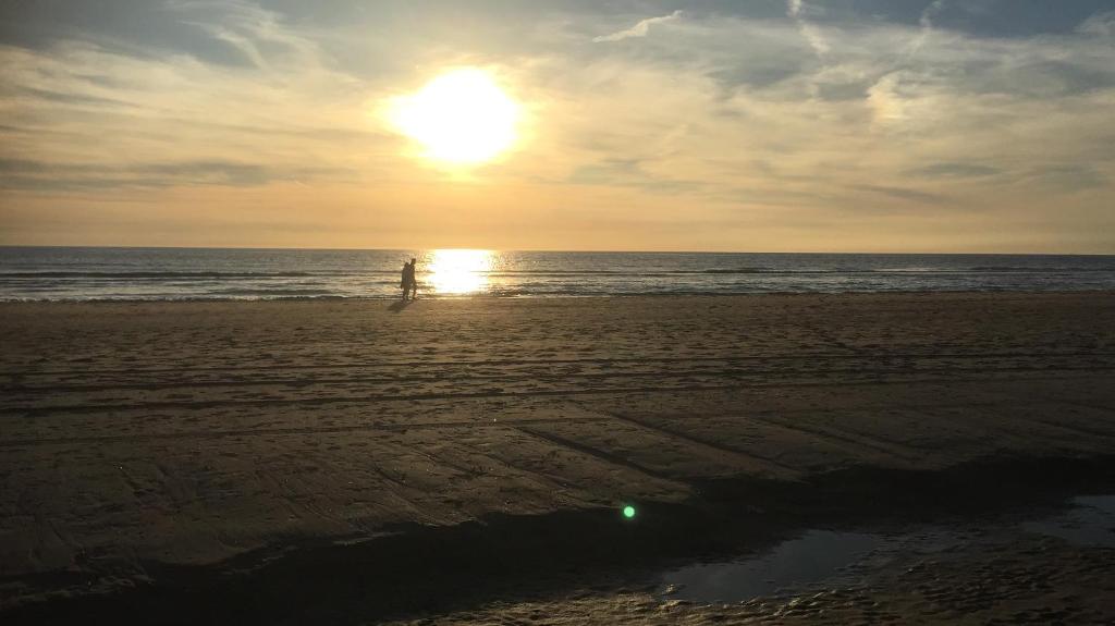 uma pessoa caminhando na praia ao pôr do sol em Sommerhaus Glücklich am Meer 2 mit Wellnesszugang em Egmond aan Zee