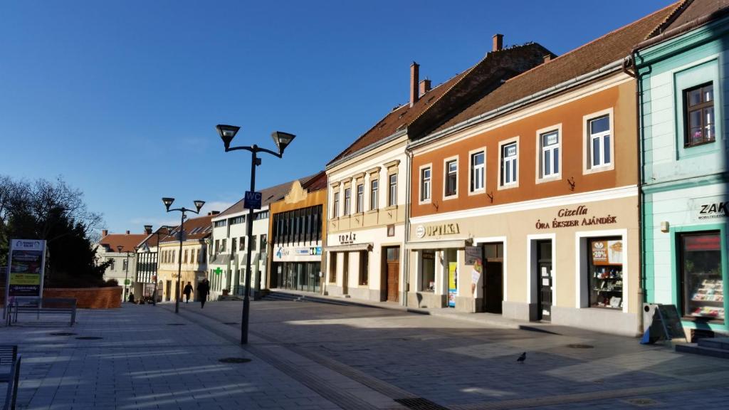 a street in a town with many buildings at Sarolt Apartman in Veszprém