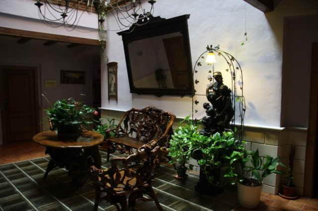 Hotel El Maño في هويسكار: غرفة بها طاولة وكراسي ونباتات