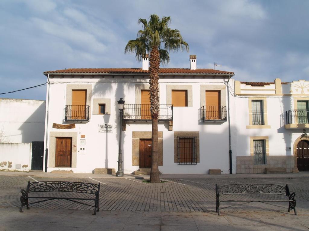 dos bancos frente a un edificio blanco con una palmera en Casa Rural El Botánico en Casatejada