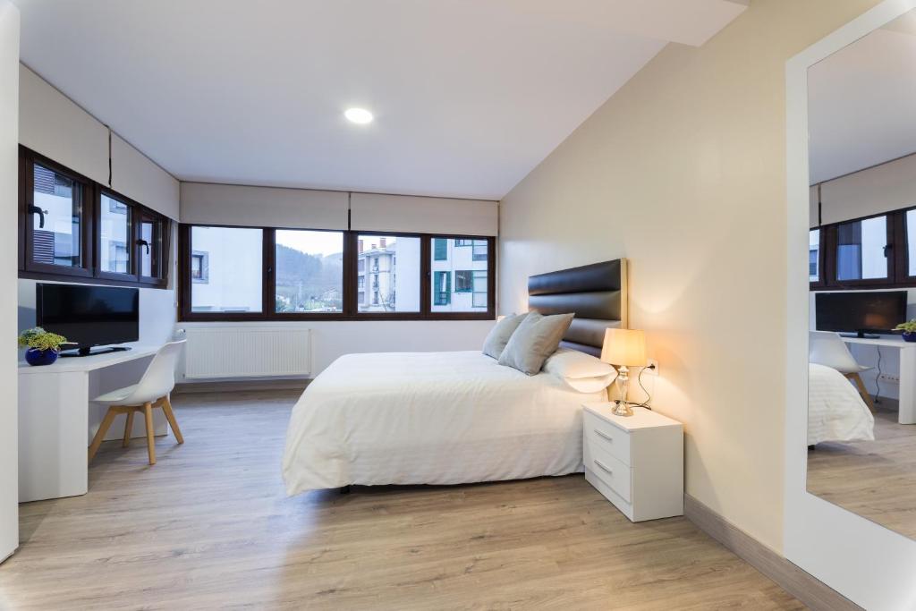 a bedroom with a bed and a desk with a television at Petit Goierri in Ormáiztegui