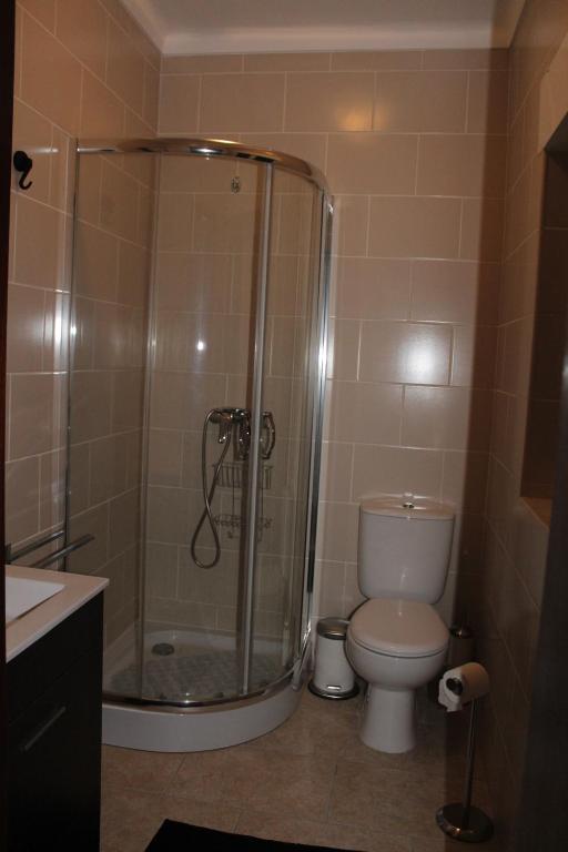 uma casa de banho com um chuveiro, um WC e um lavatrio. em Quinta Cho do Nabal em Belmonte