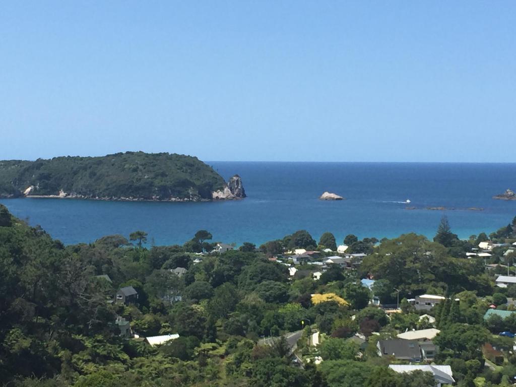 an island in the ocean with houses and trees at Hahei Sea Vista (2) in Hahei