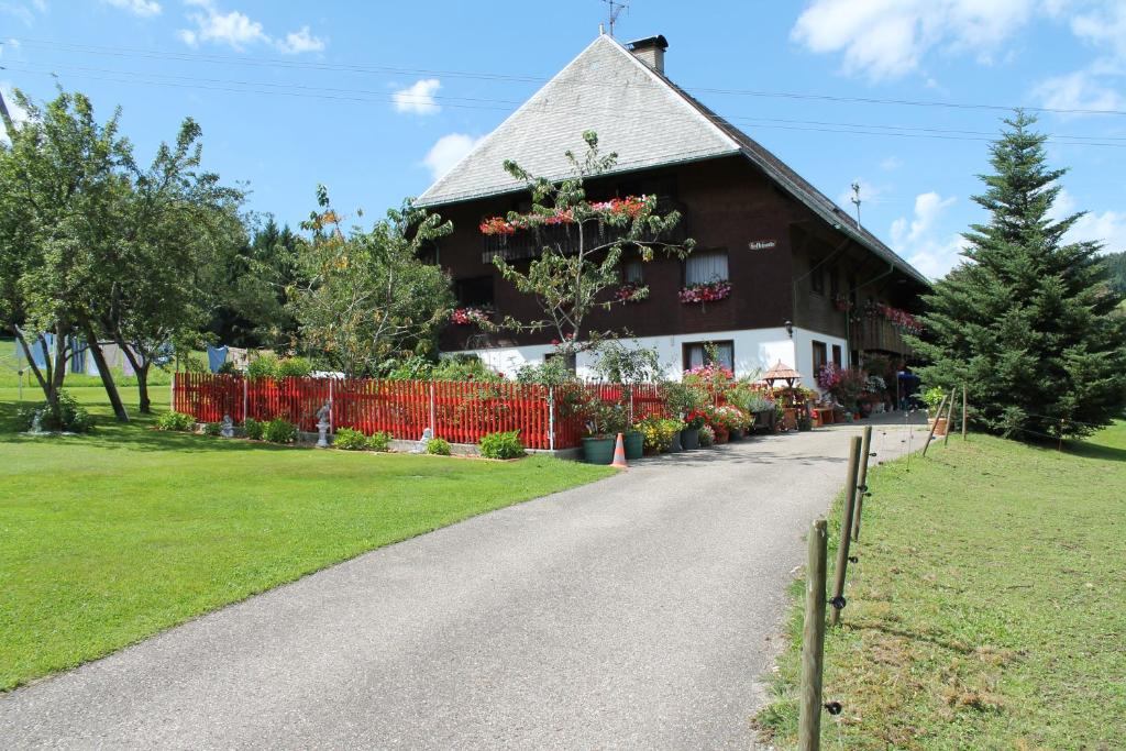 a house with flowers on the side of a road at Ferienwohnung Schwarzwaldhof in Titisee-Neustadt