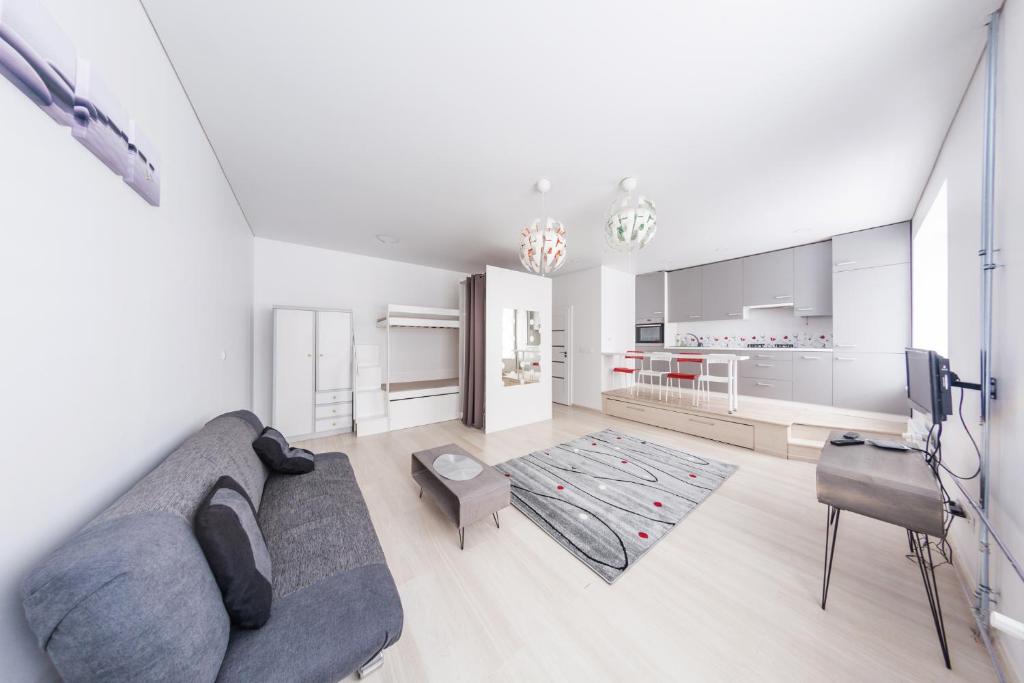 ein Wohnzimmer mit einem grauen Sofa und einer Küche in der Unterkunft Sandra apartamentai in Kaunas