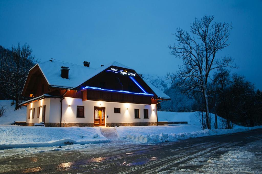 カンポロッソ・イン・ヴァルカナレにあるHotel Sogni D'Oroの雪の灯りを持つ家
